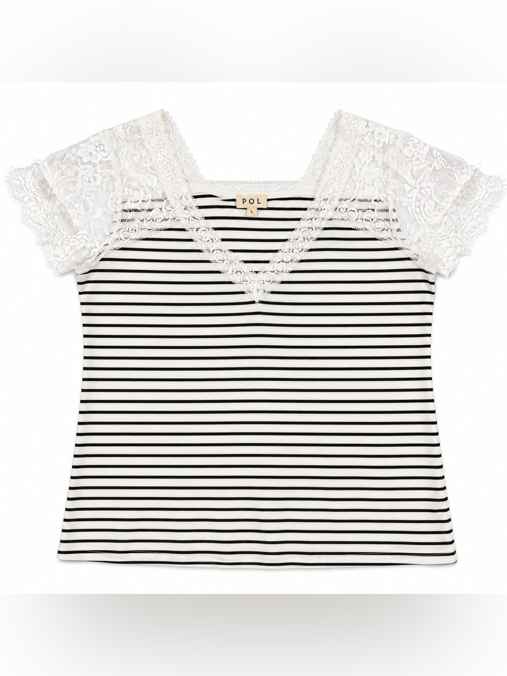 POL Black & White Striped Lace Sleeve Top | Boho Cottagecore Romantic | Size L